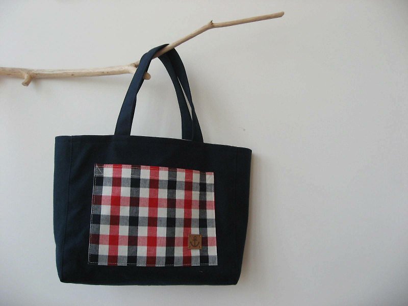 Plaid pocket sail Bu Tuote package (low-Navy) - Handbags & Totes - Other Materials 