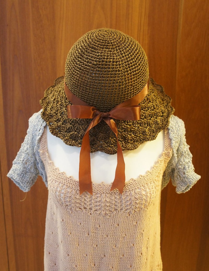 手工編織松葉編浪漫公主風草帽 - 帽子 - 其他材質 咖啡色