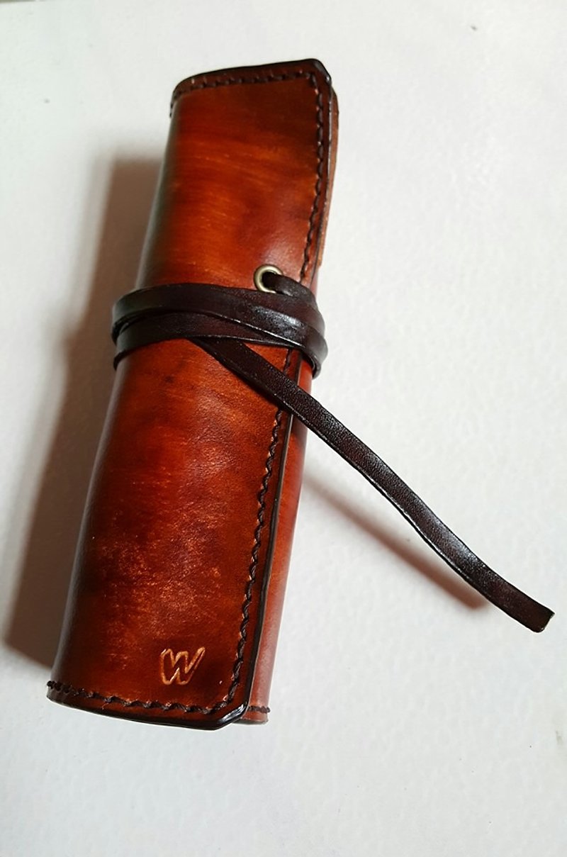 Customized dark brown + burnt brown leather cord pure cowhide pen roll - Pencil Cases - Genuine Leather Brown