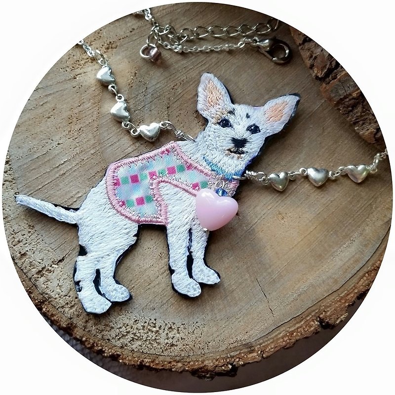 Dog embroidery necklace with silver-plated chain - Necklaces - Other Materials White