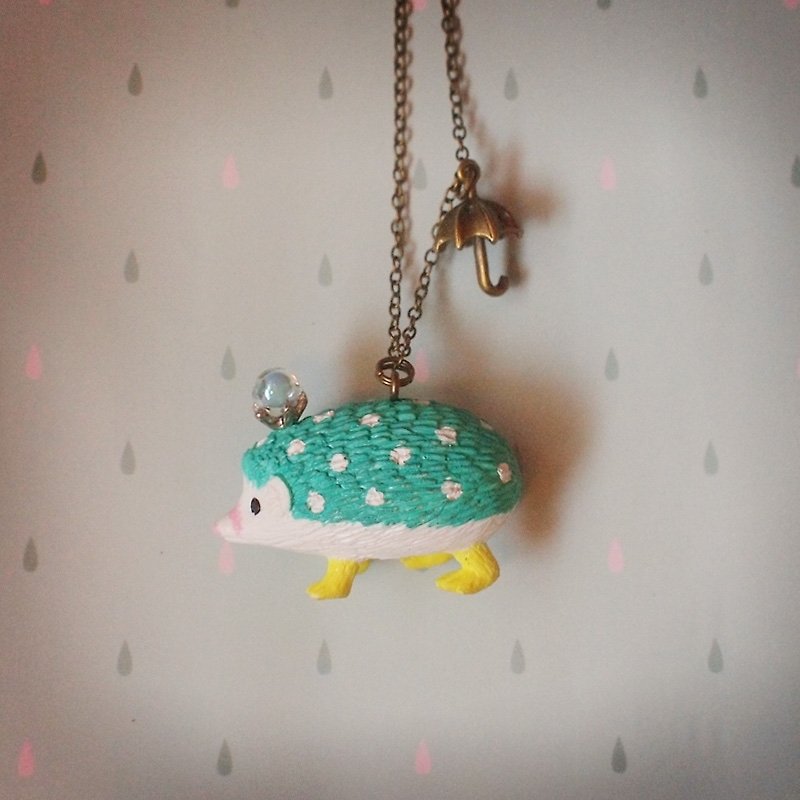 Zoo | Teal Hedgehog Rainy Hedgehog - Necklace (White Dotted) - Necklaces - Plastic Green