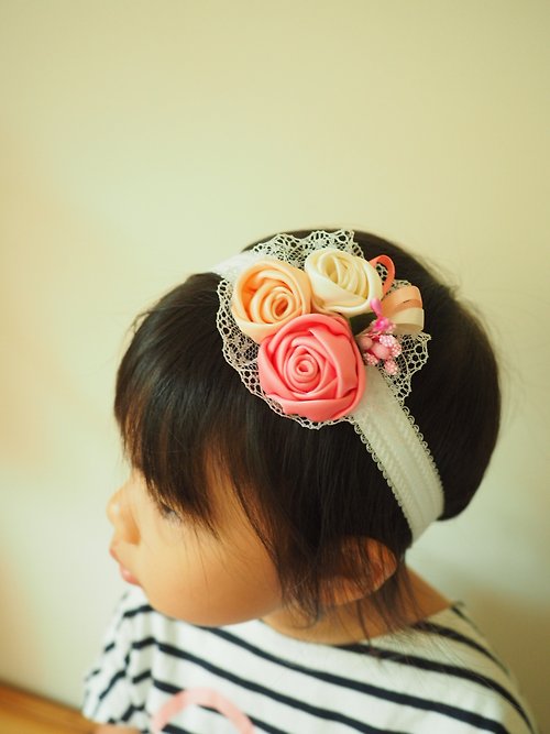 sunflowercorsage 手作嬰兒女童粉紅玫瑰花髮帶 適合百日宴彌月拍攝