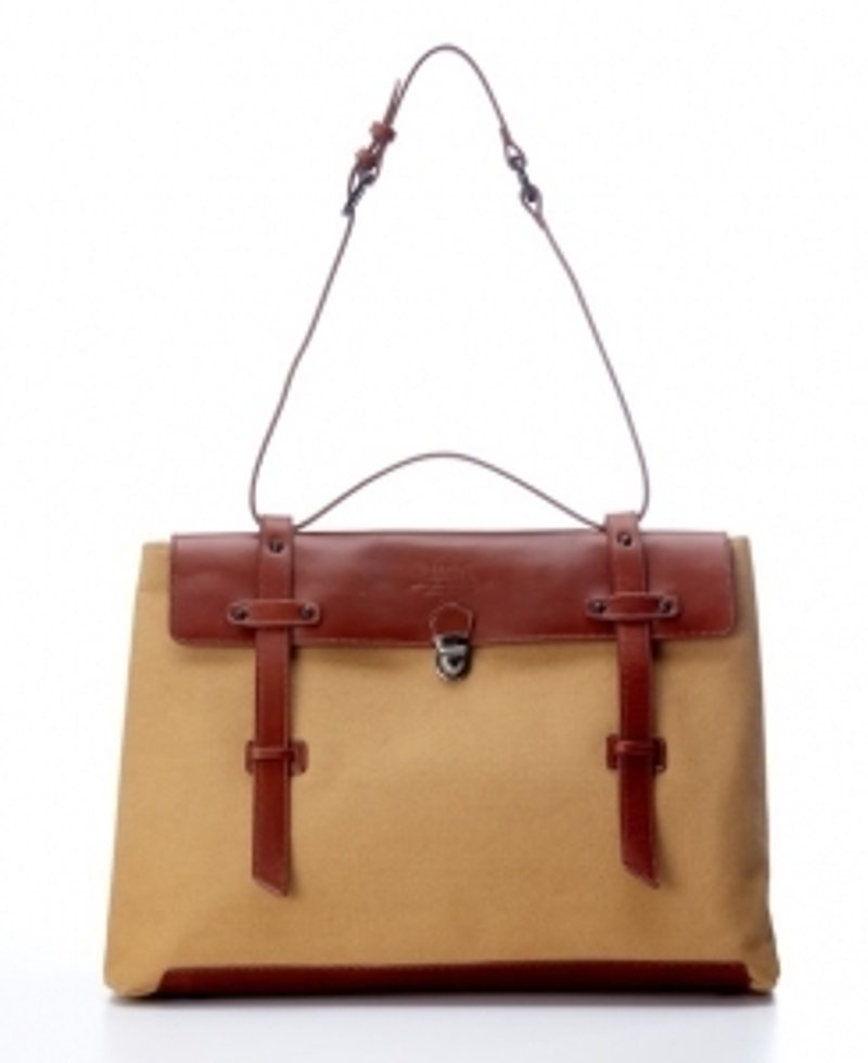 V-type bag khaki tarpaulin x brown leather models retro British Bag / handbag / Shoulder Bag / Backpack - กระเป๋าถือ - หนังแท้ สีกากี