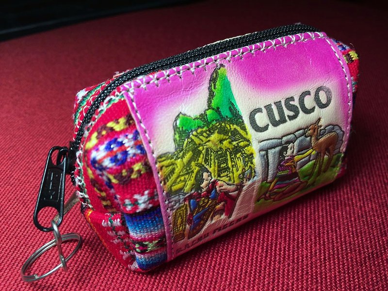 ペルーの織物 ステッチ 手染めの革 立体小銭入れ ピンク - 財布 - その他の素材 ピンク