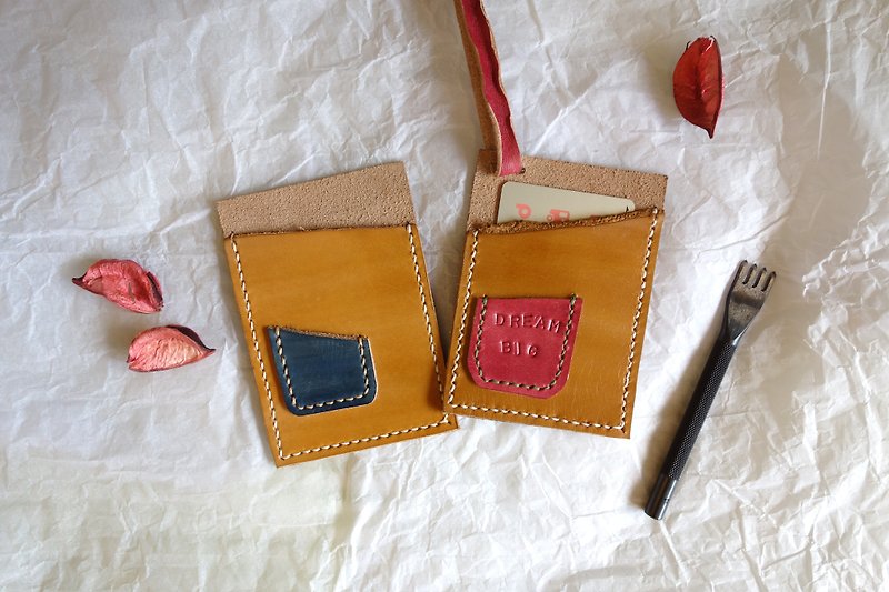 Small pocket card holder/ticket holder_handmade genuine leather hand-sewn_customized printing_hand dyed color matching - ID & Badge Holders - Genuine Leather 