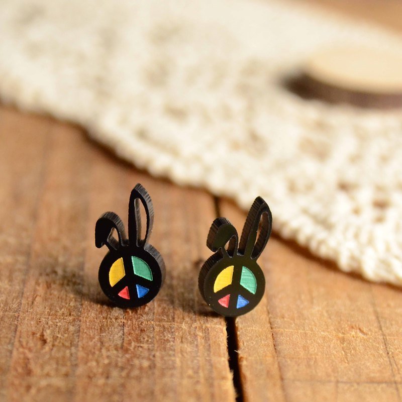 Peace Rabbit / anti-allergic steel needle / can be modified clip type - Earrings & Clip-ons - Acrylic Black