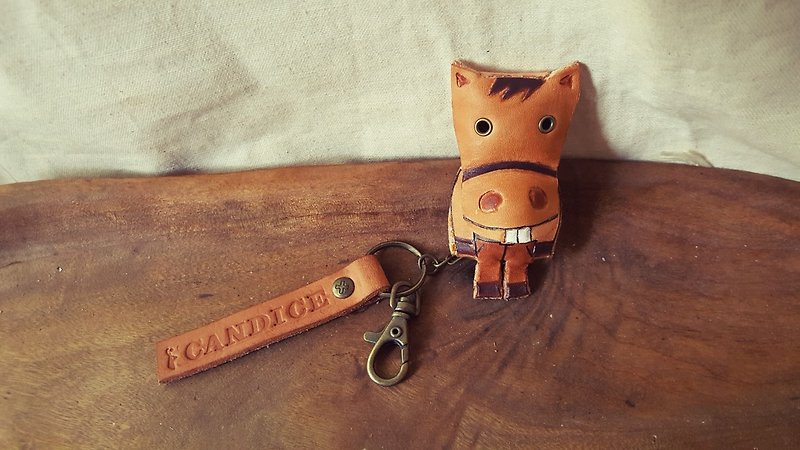 Lovely smiling naked two-horse pure leather key ring - can be lettering (made lover, birthday gift) - ที่ห้อยกุญแจ - หนังแท้ สีส้ม