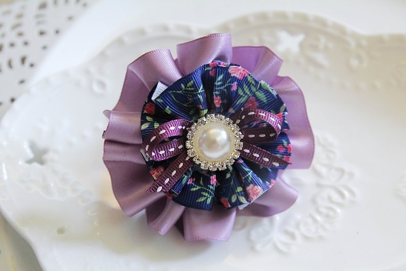 Pink and purple small flowers bow thick hair bunch - Hair Accessories - Cotton & Hemp Purple
