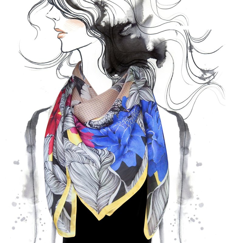 [Me & amp; A Cup of Hot Chocolate] Botanical Dream-Beige / flower · Fruit · helmet hornbill - beige - ผ้าพันคอ - ผ้าไหม หลากหลายสี