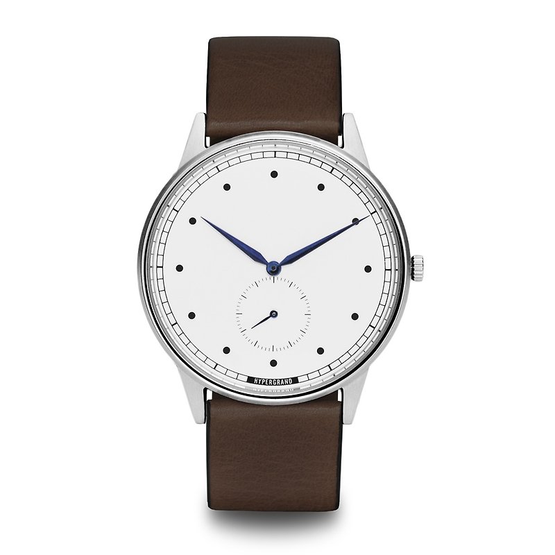HYPERGRAND - 小秒針系列 - 銀白錶盤棕皮革 手錶 - 男錶/中性錶 - 真皮 咖啡色