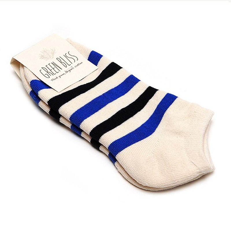 有機棉襪 - 條紋系列 Statice 白底黑藍條紋 踝襪/船型襪 (男/女) - 襪子 - 棉．麻 藍色