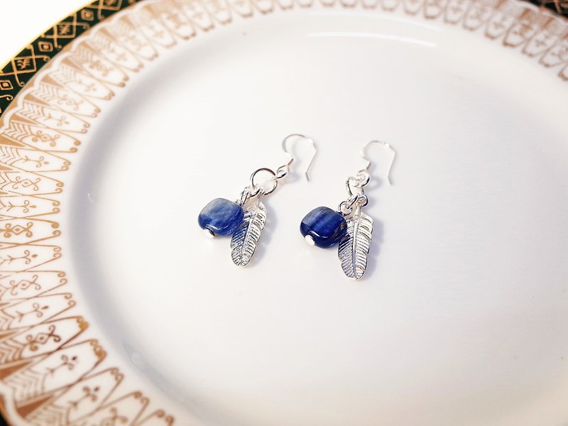 Silver925 Earring , Feather , Square Kyanite - Earrings & Clip-ons - Sterling Silver Blue
