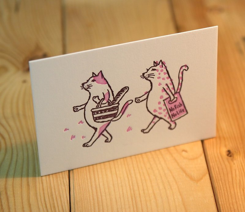 活版グリーティングカード　猫が買い物（ピンク）2枚セット - カード・はがき - 紙 