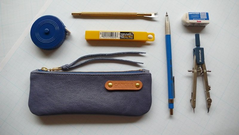 大人限定-藍革筆袋(拉鍊/深藍)限量兩枚 - Pencil Cases - Genuine Leather Blue