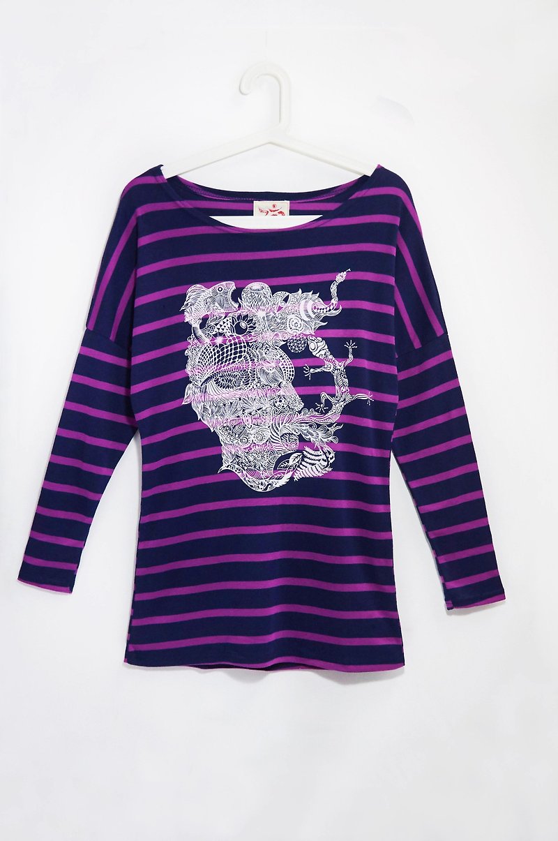 手感條紋長袖長版旅行T - 心靈之圖系列旅行記憶 ( 紫條紋 ) - T 恤 - 棉．麻 紫色