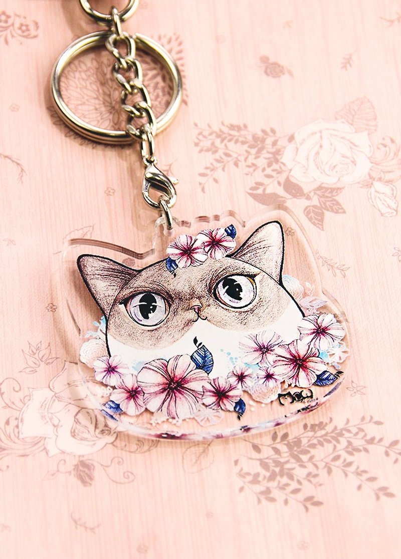 Transparent acrylic strap / key ring --- Flower cat - Keychains - Acrylic Pink