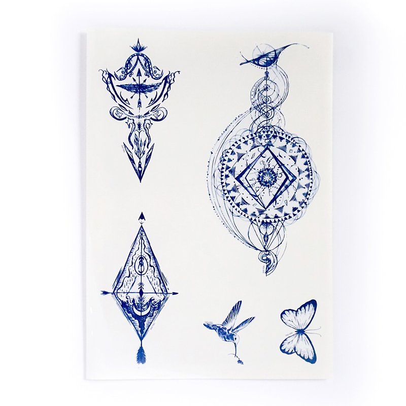 簡約手繪藝術風紋身貼紙 塔羅刺青圖案 深藍 蜂鳥 月亮 箭 星空 蝴蝶｜LAZY DUO - 紋身貼紙 - 紙 藍色