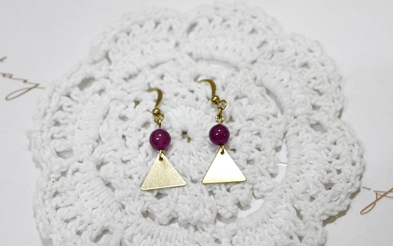 Bronze natural stone X <triangular purple line> - hook earrings - ต่างหู - โลหะ สีม่วง
