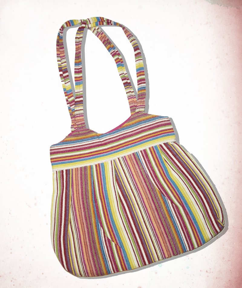 Novice ethnic style side backpack-magic pink stripes - กระเป๋าแมสเซนเจอร์ - ผ้าฝ้าย/ผ้าลินิน หลากหลายสี