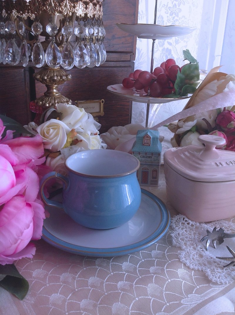 ♥♥アニー怒っイングランド美術デンビー陶器手作り小麦粉ブルーコーヒーカップ、花のカップ二つのグループ - 新入荷 - 急須・ティーカップ - その他の素材 ブルー