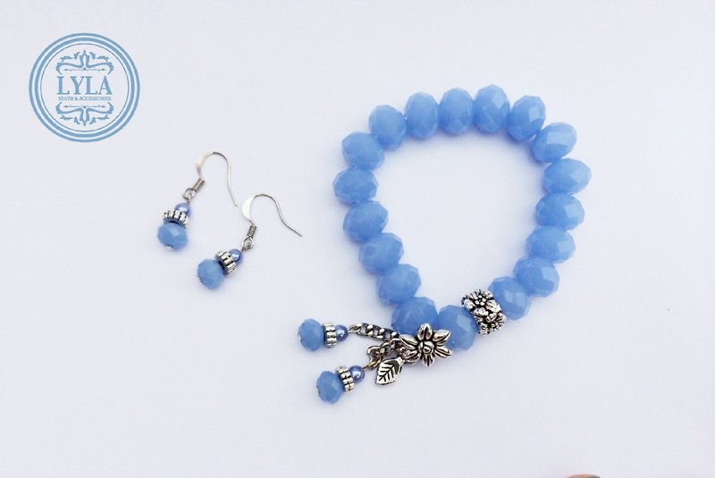 「粉藍水晶」-耳環＆手鍊一組 - 手鍊/手環 - 寶石 藍色