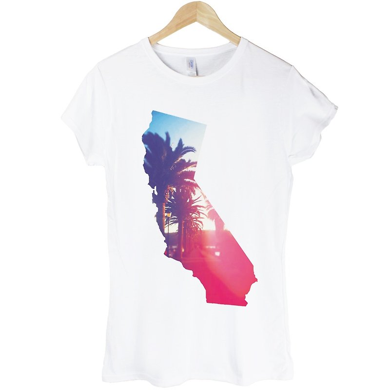 California女生短袖T恤-白色 加州 地圖 旅行 攝影 照片 LOMO 年輕 生活 文青 文字 設計 自創 品牌 - 女 T 恤 - 棉．麻 白色
