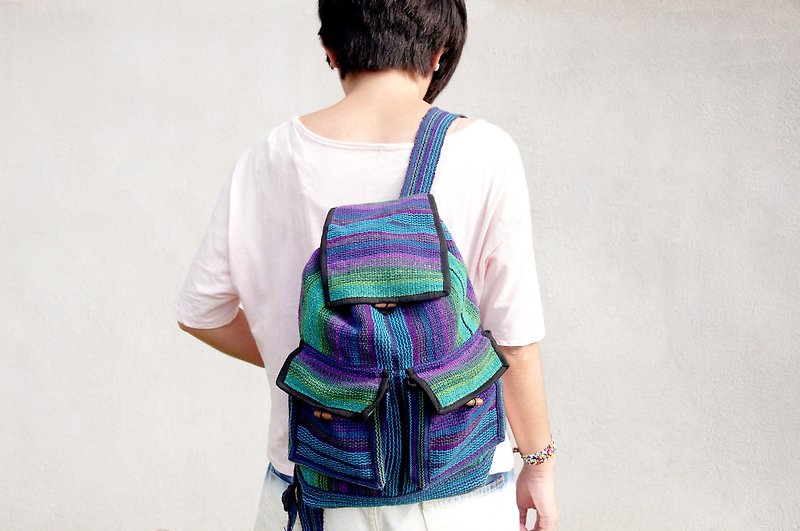Mexican style shoulder bag boho canvas bag bohemian woven feel after backpack-magic blue and purple (medium - Backpacks - Cotton & Hemp Multicolor