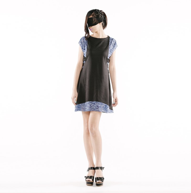 [Dress] Side Curved Dress <Black+Purple/Gray+Blue x 2 Colors> - ชุดเดรส - วัสดุอื่นๆ หลากหลายสี