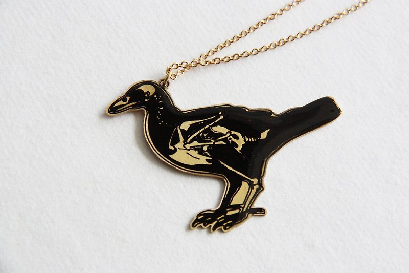 Bird Skeleton in Glossy Resin Black and Gold Pendant/ Necklace - Necklaces - Other Metals Gold