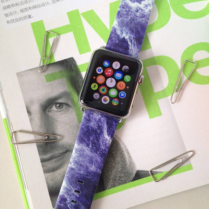 Apple Watch Series 1-5 Fitbit 用レザーウォッチバンドにフェイクブルーマーブルプリント - その他 - 革 
