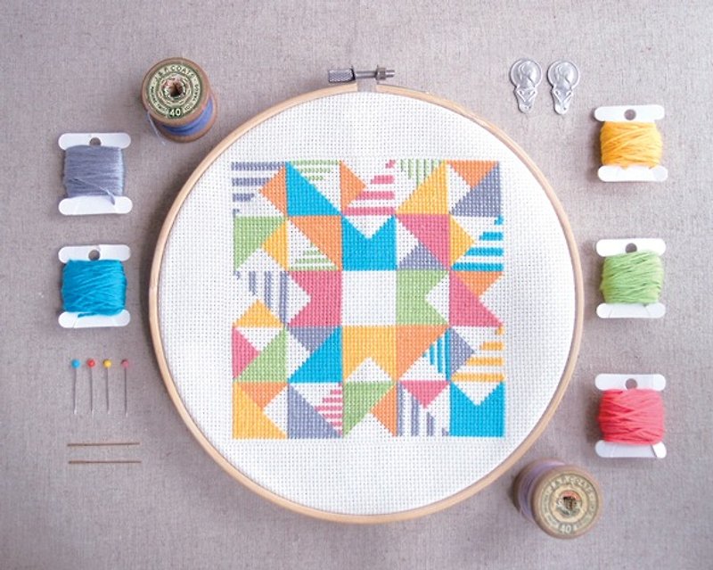 Cross Stitch KIT- Geometric - Play with Triangles n Strips - Knitting, Embroidery, Felted Wool & Sewing - Thread Multicolor