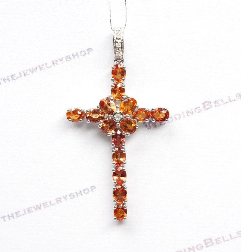 14K white gold Orange color sapphire and diamond Cross Pendant (Free Shipping) - สร้อยคอ - เครื่องเพชรพลอย สีส้ม