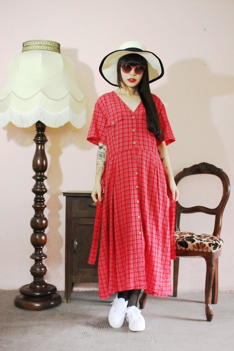 F1046(Vintage)[義大利製裏標]紅色格紋附腰綁帶排扣古著洋裝 - 連身裙 - 其他材質 紅色