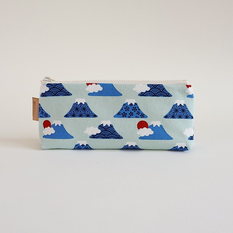 Handmade morning dew blue patterned pencil case with Mount Fuji pattern - กล่องดินสอ/ถุงดินสอ - ผ้าฝ้าย/ผ้าลินิน สีน้ำเงิน