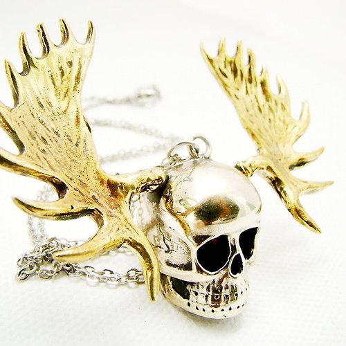 MAFIA JEWELRY Skull with moose horn pendant ,Rocker jewelry ,Skull jewelry,Biker jewelry