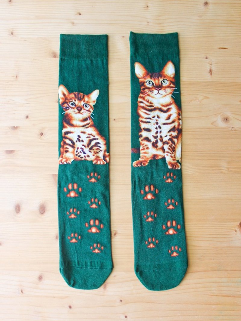 JHJ Design 加拿大品牌 高彩度針織棉襪 貓咪系列 孟加拉豹貓 男 - 襪子 - 棉．麻 綠色