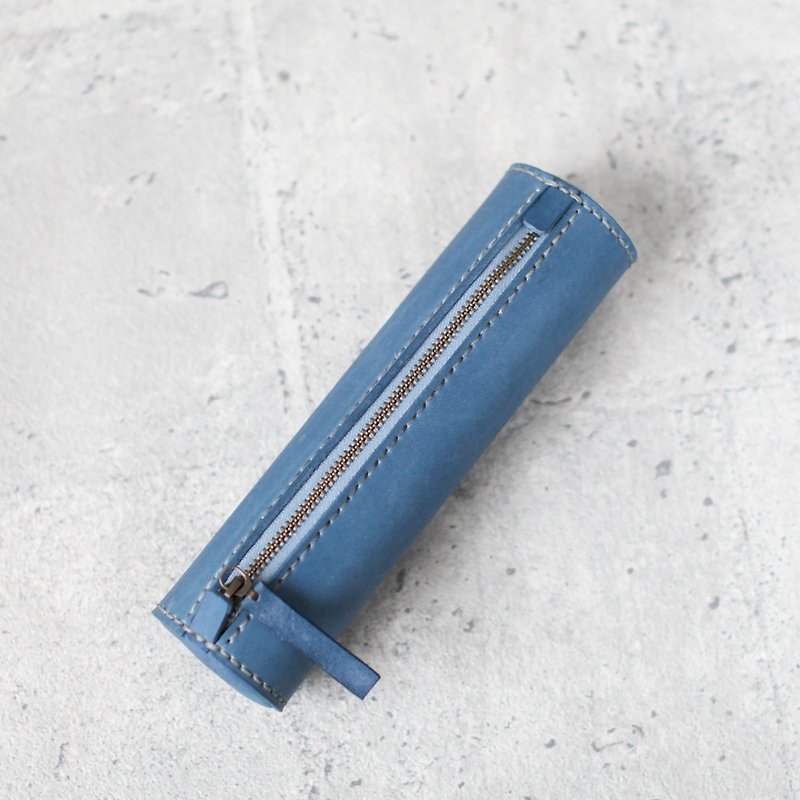 Light blue handmade cylinder leather Pencil Case/Pen Pouch - Pencil Cases - Genuine Leather Blue