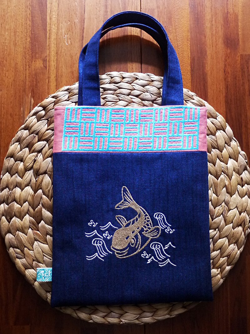 刺繍ハンドバッグ袋のiPadバッグに飛んボニート（商標名に刺繍することができます） - トート・ハンドバッグ - 刺しゅう糸 ブルー