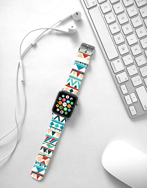 Freshion Apple Watch Series 1 , Series 2, Series 3 - Apple Watch 真皮手錶帶，適用於Apple Watch 及 Apple Watch Sport - Freshion 香港原創設計師品牌 - 薄荷綠部落圖紋 07