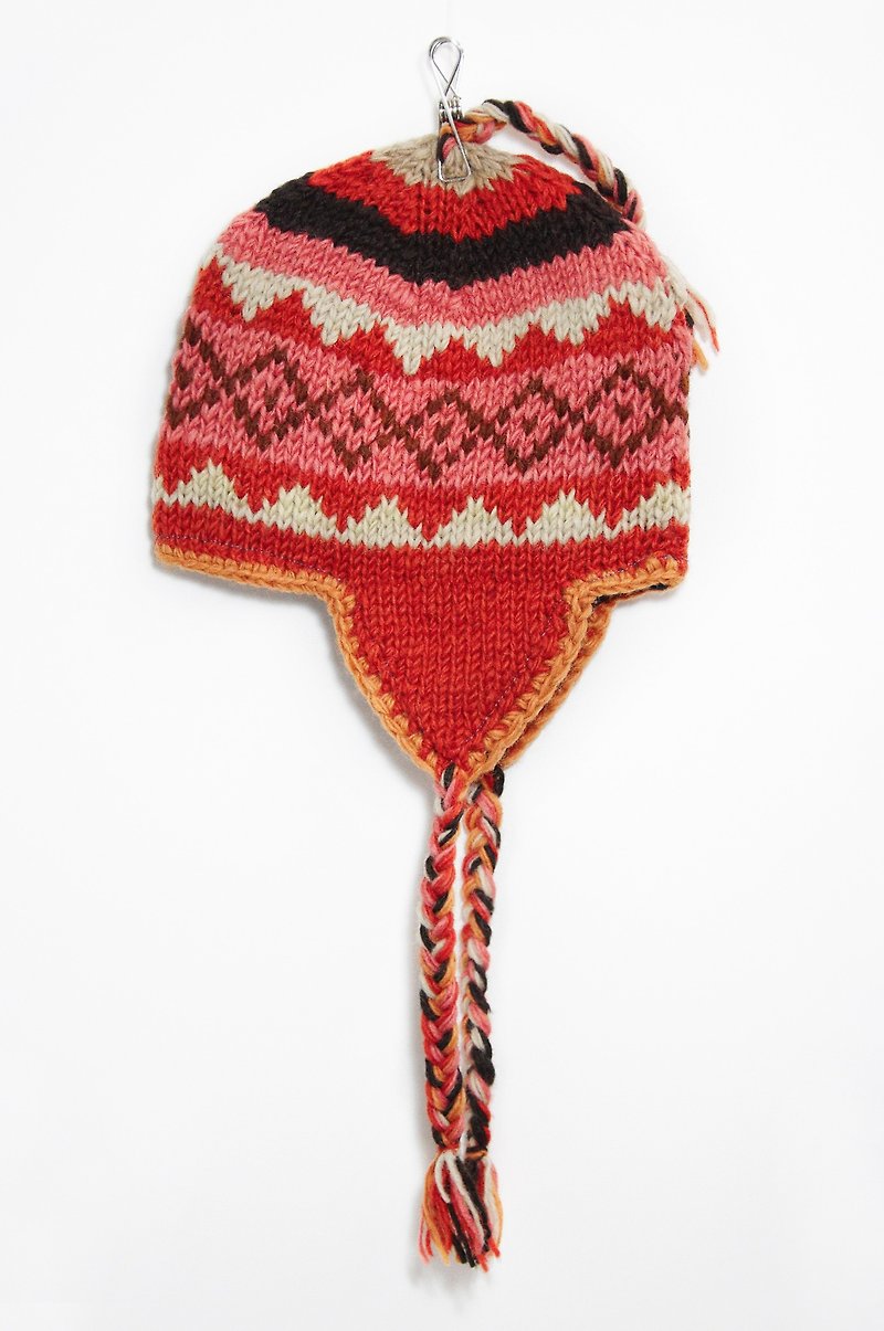 Hand-woven pure wool hat / flight caps / knitted hat / wool hat - orange national totem (handmade limited one) - หมวก - วัสดุอื่นๆ หลากหลายสี