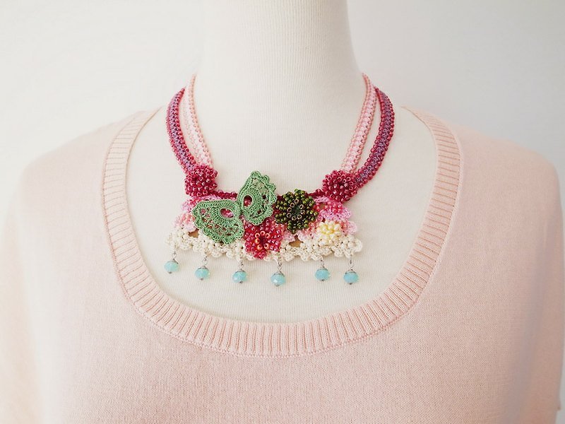 Irish Crochet Lace Jewelry (Lace Fantasia 4-a) Statement Necklace - Necklaces - Cotton & Hemp Multicolor