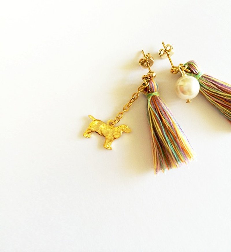 Dog X color pearl tassel ear - Earrings & Clip-ons - Other Metals Gold