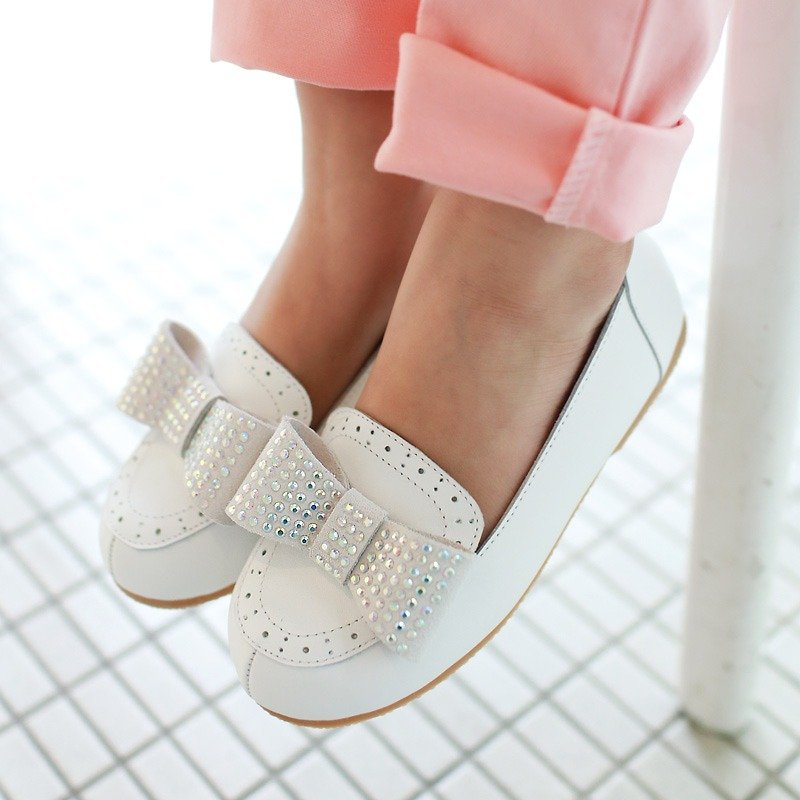 (Zero special) blingbling bow leather Carrefour shoes - bright white - Kids' Shoes - Genuine Leather White