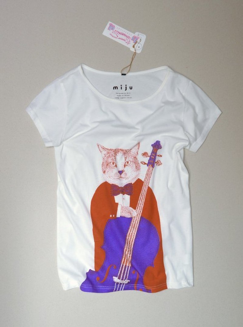 貓咪大提琴T-shirt（橘＋紫） - T 恤 - 棉．麻 紫色