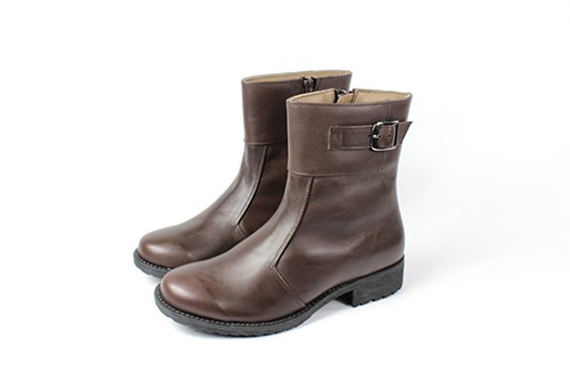 Coffee metal side buckle boots - Women's Booties - Genuine Leather Brown