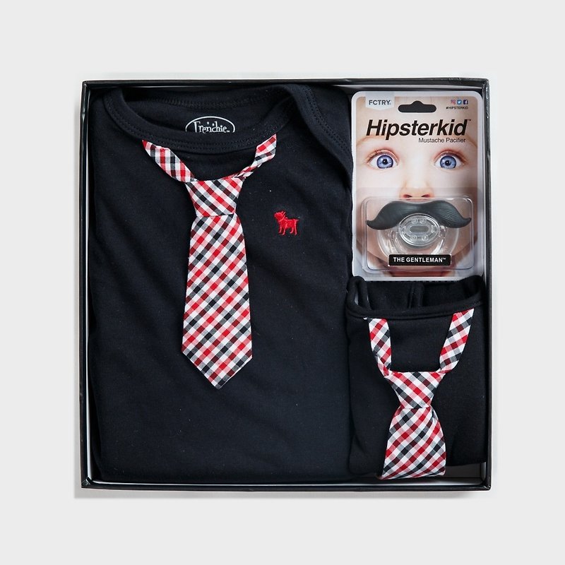 美國FMC X Hipsterkid男嬰禮盒-班泥迪克宴會版 連身衣+圍兜+奶嘴 - 滿月禮物 - 棉．麻 黑色