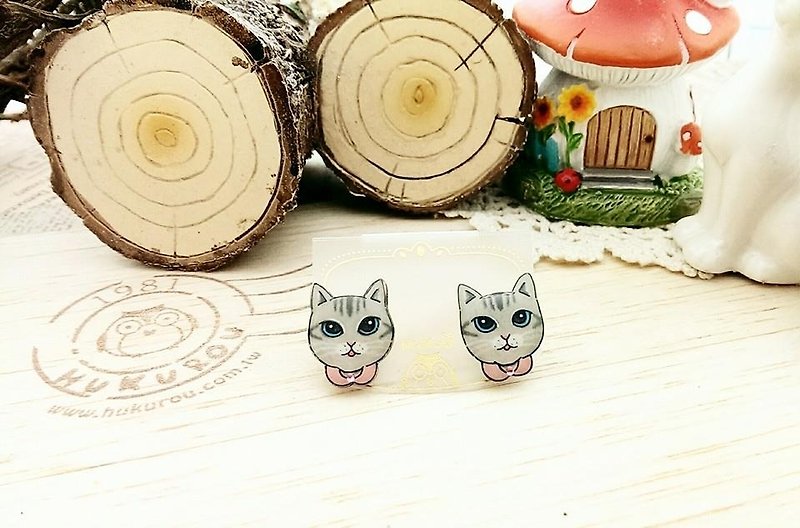 § HUKUROU§ Cat Series Earrings (Gray Tabby) - ต่างหู - พลาสติก 