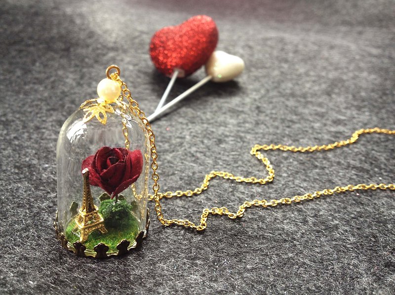 [imykaka] ♥ 情人節Love & Peace 幸福愛 巴黎鐵塔 玫瑰花玻璃球項鍊 - 項鍊 - 玻璃 紅色