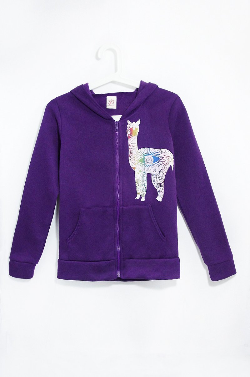 Travel Handprint Hooded Inner Brushed Jacket-Peruvian Alpaca/Grass Mud Horse (Purple) - เสื้อแจ็คเก็ต - ผ้าฝ้าย/ผ้าลินิน สีม่วง