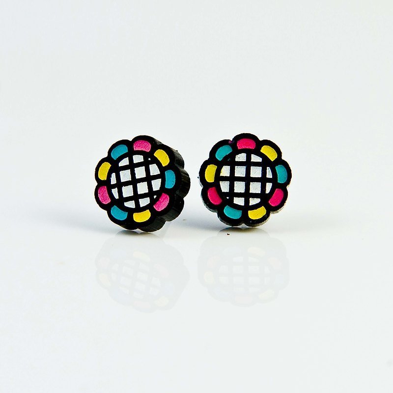 Plaid color flower earrings/anti-allergic steel needle/can be changed to clip type - Earrings & Clip-ons - Acrylic Multicolor